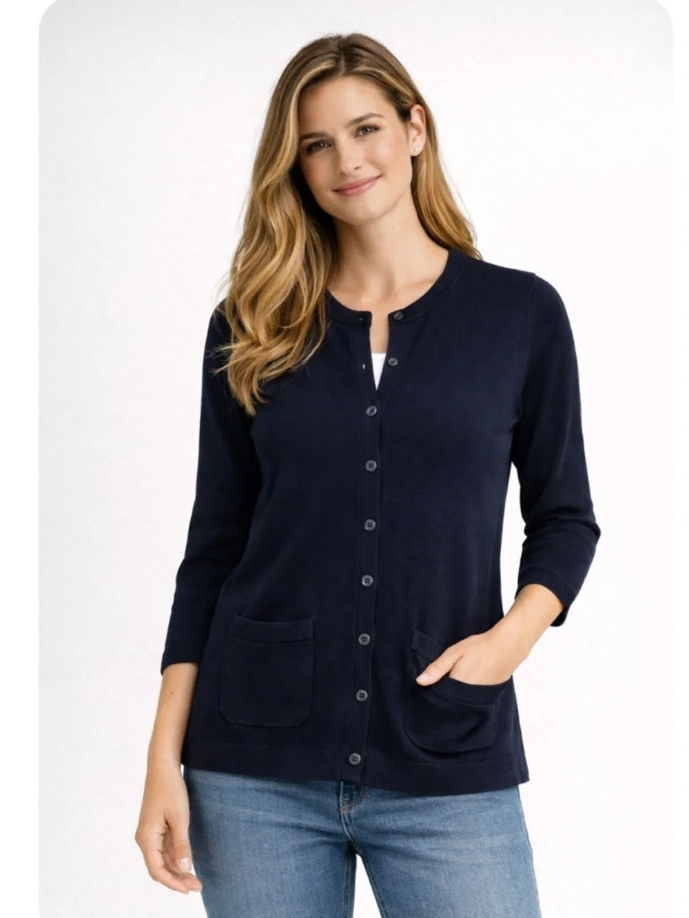 Talbots Navy Blue Cardigan 3/4 Sleeve Pima Cotton Cardigan Sweater Sz LP